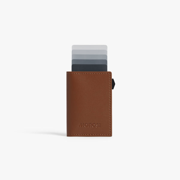 Mahogany / Black | Front view of Slim Wallet Pro with cards in Mahogany / Black