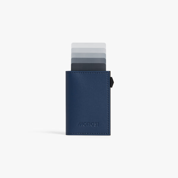 Oxford Blue / Black | Front view of Slim Wallet Pro with cards in Oxford Blue / Black